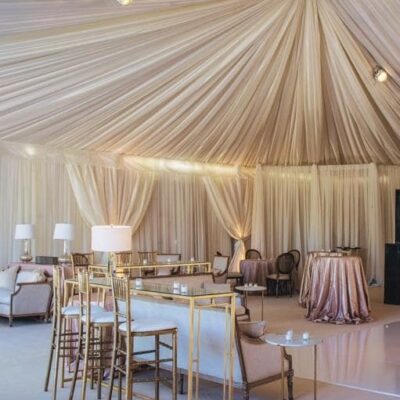 Champagne Satin custom full Ceiling tent treatment and tent Legs (6)-min