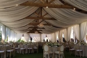 Event drapery atlanta wedding sheer drape pavillion Barnsley Gardens ceiling