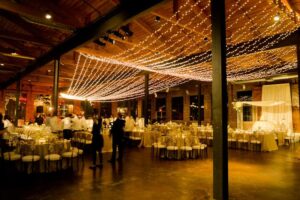 Quest Events Event Drapery Special Event Barn Wedding Reception Scenic Design Decor LED Twinkle String Lights Specialty Drape Ceiling Treatment