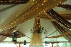 Quest Events Event Drapery Special Event Outdoor Tent Scenic Design Decor Chandeliers LED Twinkle String Lights Specialty Drape Ceiling Treatment