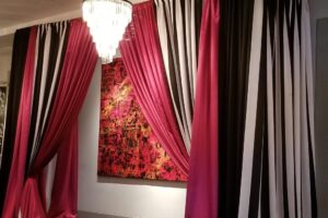 Quest Events Event Drapery Specialty Drape Social Gathering Sweet 16 Birthday Party Black and White Stripe Pink Satin Flourish