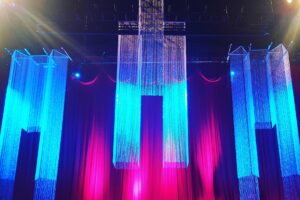 Quest Events Event Drapery Specialty Drape Social Gatherings Beaded Drapery Beaded Chandeliers World Changers Church International Conference Stage Decor Scenic