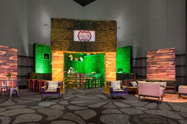 Quest Events Totally Mod Style Tyles Set Stage Scenic Design Corporate Special Events Coffee Shop Columns Walls Hedge Printed Wood