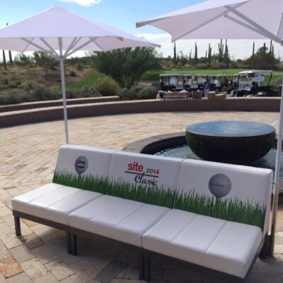 Straight armless sofa outdoor golf event sponsorship branded totally mod quest events seating rental