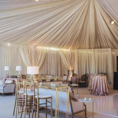 Champagne Satin custom full Ceiling tent treatment and tent Legs 6
