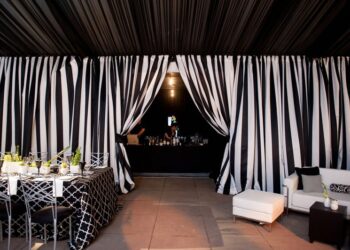 Quest Events Event Drapery Wedding Black White Stripe Drape Rental Parted Entry Bar Tent Entrance 1