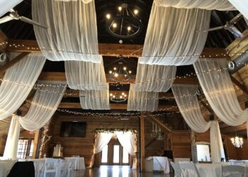 Quest Events Rustic Wedding Reception Sheer White Drape Ceiling Drape Swags Rental