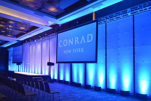 Quest Events Scenic Backdrop Rental PSAV NY Conrad Geo Panels Solid Pattern Hanging Truss Uplighting