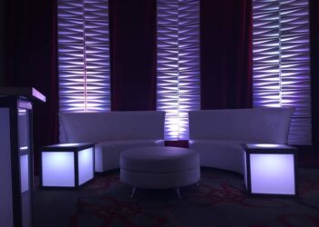 Quest Events Special Event Stage Scenic Design Lounge Moddim Furniture Drape Uplight