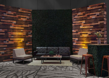 Quest Events Totally Mod Corporate Special Events Scenic Design Hotel Conference Convention Center Cocktail Hour Style Tyles Walls High Boys Hedge Printed Wood