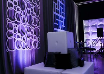 Quest Events Visual Elements Nashville Corporate Special Events Furnishings White Leather Seating Unit Charging Station Decor GeoPanels FormSet Drape