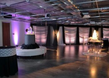 Quest Events Visual Elements Nashville Special Events Furnishings White Leather Round Seating Unit Specialty Drape Uplight Lucite Pedestals