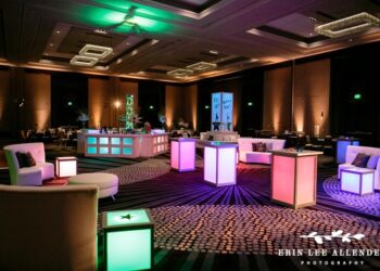 Quest Events Visual Elements Nashville Tennessee Special Events Furnishings White Leather Seating Lit Side Tables Bar Uplight Hamilton Theme Party