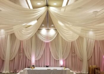 Quest events wedding backdrop ceremony blush white sheer ceiling wall drape 2018 June