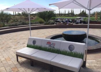 Straight armless sofa outdoor golf event sponsorship branded totally mod quest events seating rental