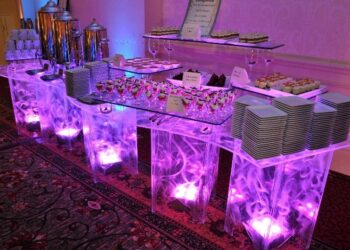 Swirled Acrylic Buffet Table Serpentine Uplighting Purple Quest Event Rental Totally Mod