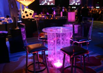 Swirled Acrylic Highboy Cocktail Table Uplighting Clear Flex Stools Black Cushion Branded Illum Cube Quest Event Rental Totally Mod