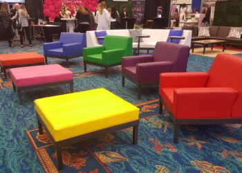 Totally mod soft seating color variation event rental quest straight arm chair ottoman