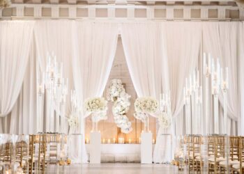 White sheer ceremony wedding drape backdrop quest events rental