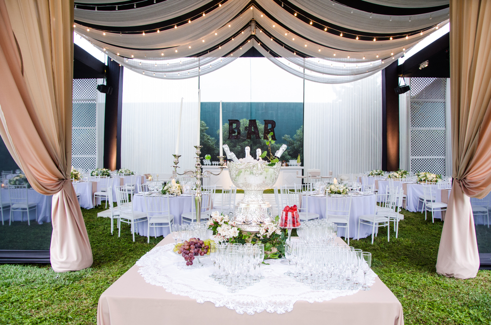 Wedding reception venue, with ceiling drape with mini lights