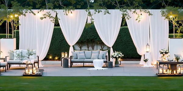 romantic outdoor wedding ceremony with draped white fabrics and flickering candles