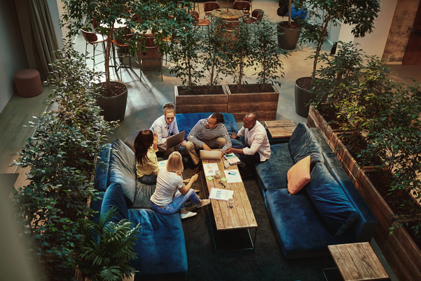 High angle of a diverse group of young businesspeople talking together during a casual meeting in the lounge area of an office